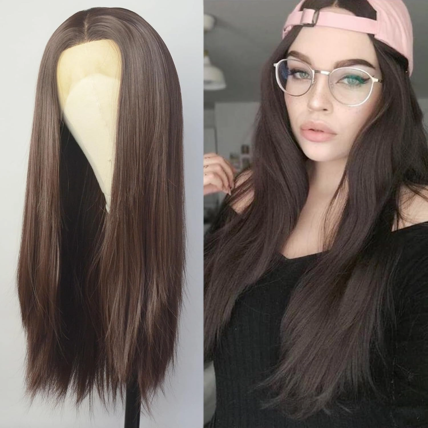 Dark Brown Lace Front Wigs Synthetic T Lace Long Straight Chocolate Brown Synthetic Hair Replacement Wigs for Black Women 22 inch Daily Wear Party Cosplay (T-Part Lace, Dark Brown,Straight)