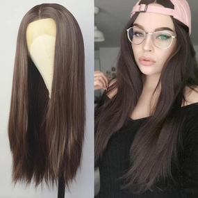 Dark Brown Lace Front Wigs Synthetic T Lace Long Straight Chocolate Brown Synthetic Hair Replacement Wigs for Black Women 22 inch Daily Wear Party Cosplay (T-Part Lace, Dark Brown,Straight)