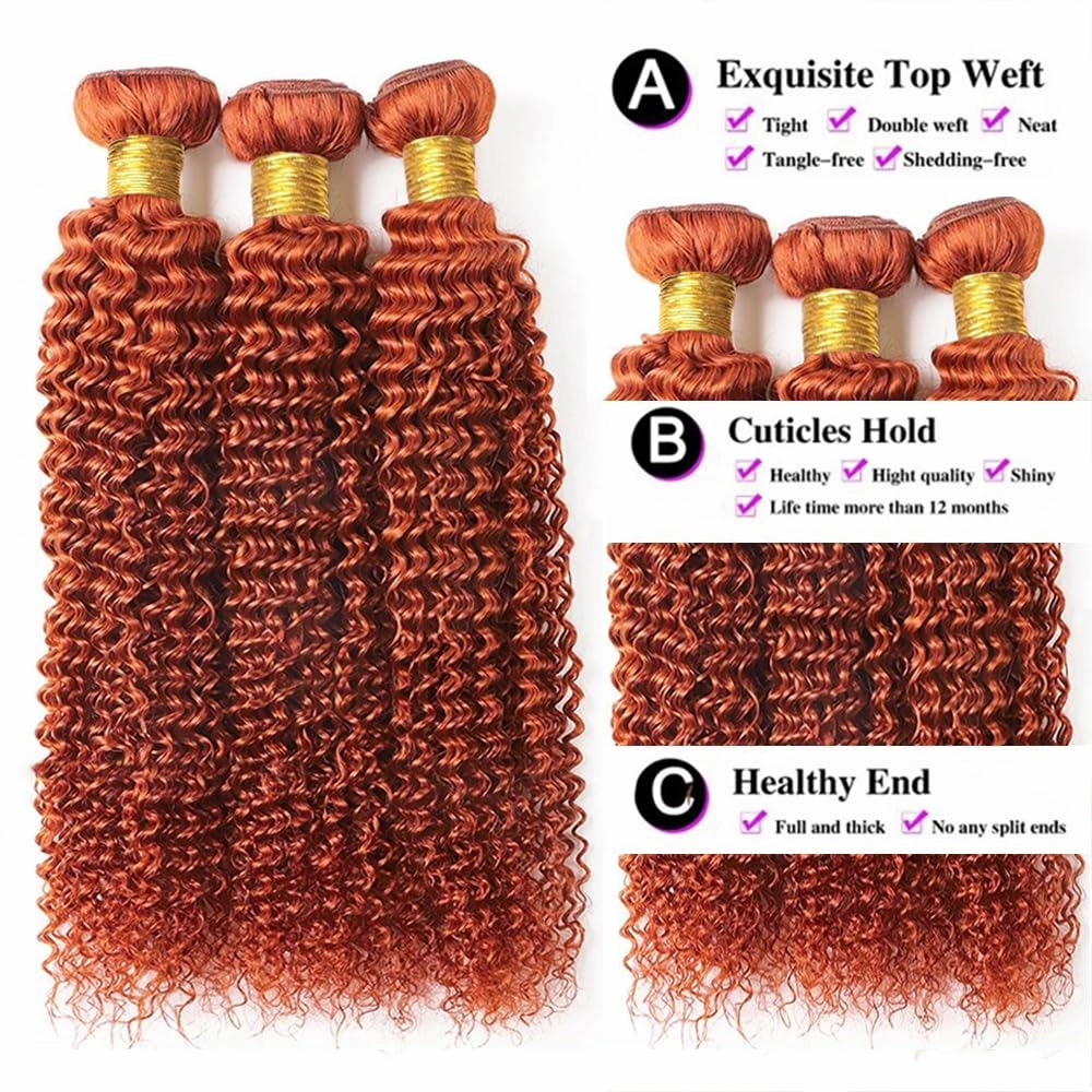 Dark Orange Bundles Color 350 Kinky Curly Human Hair Bundles 8 10 12 Inch Double Weft Ginger Orange Human Hair Weave Brazilian Virgin Kinky Curly Hair Extensions