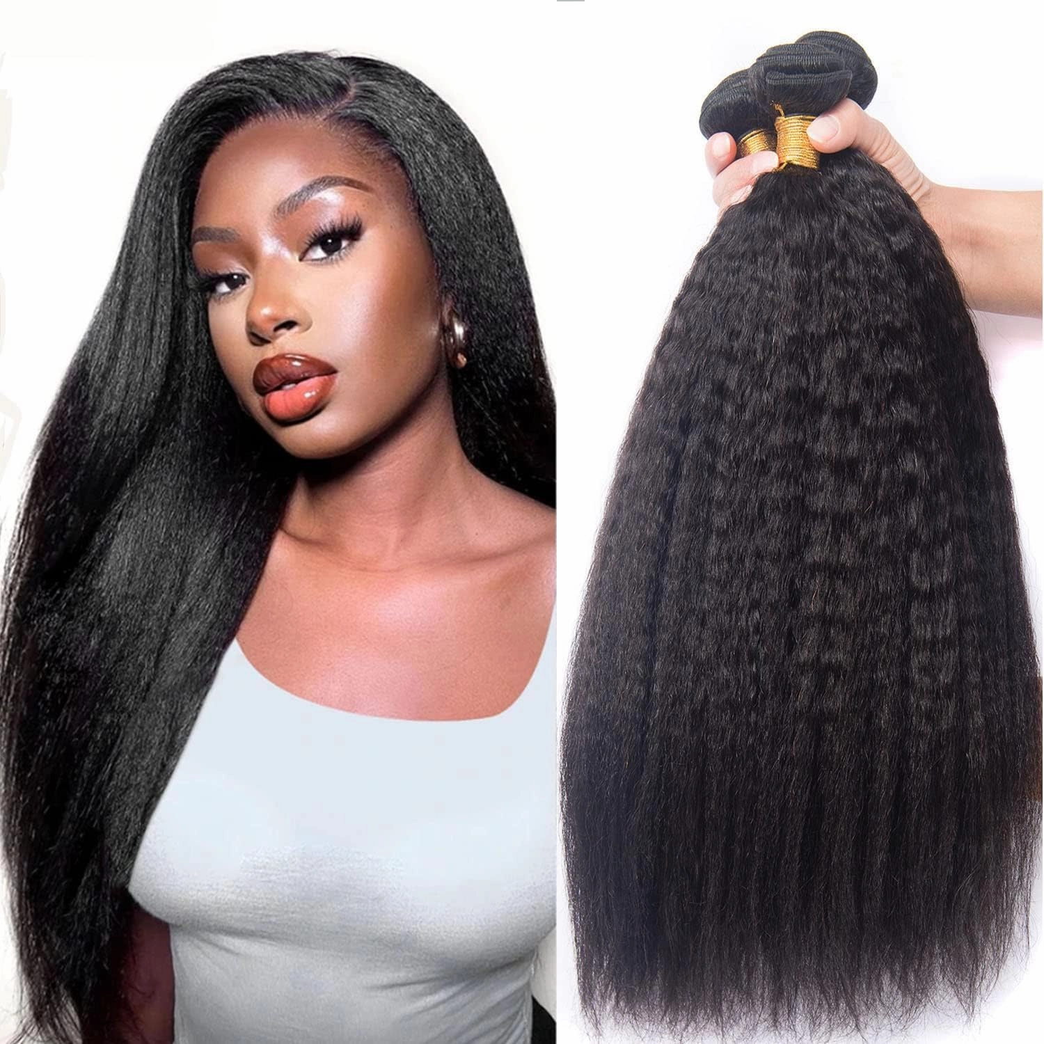 Datanala Brazilian Virgin Kinky Straight Human Hair Bundles 10 12 14Inch Yaki Straight Human Hair Weave Grade 12A 100% Unprocessed Remy Sew in Hair Extensions Natural Black Color