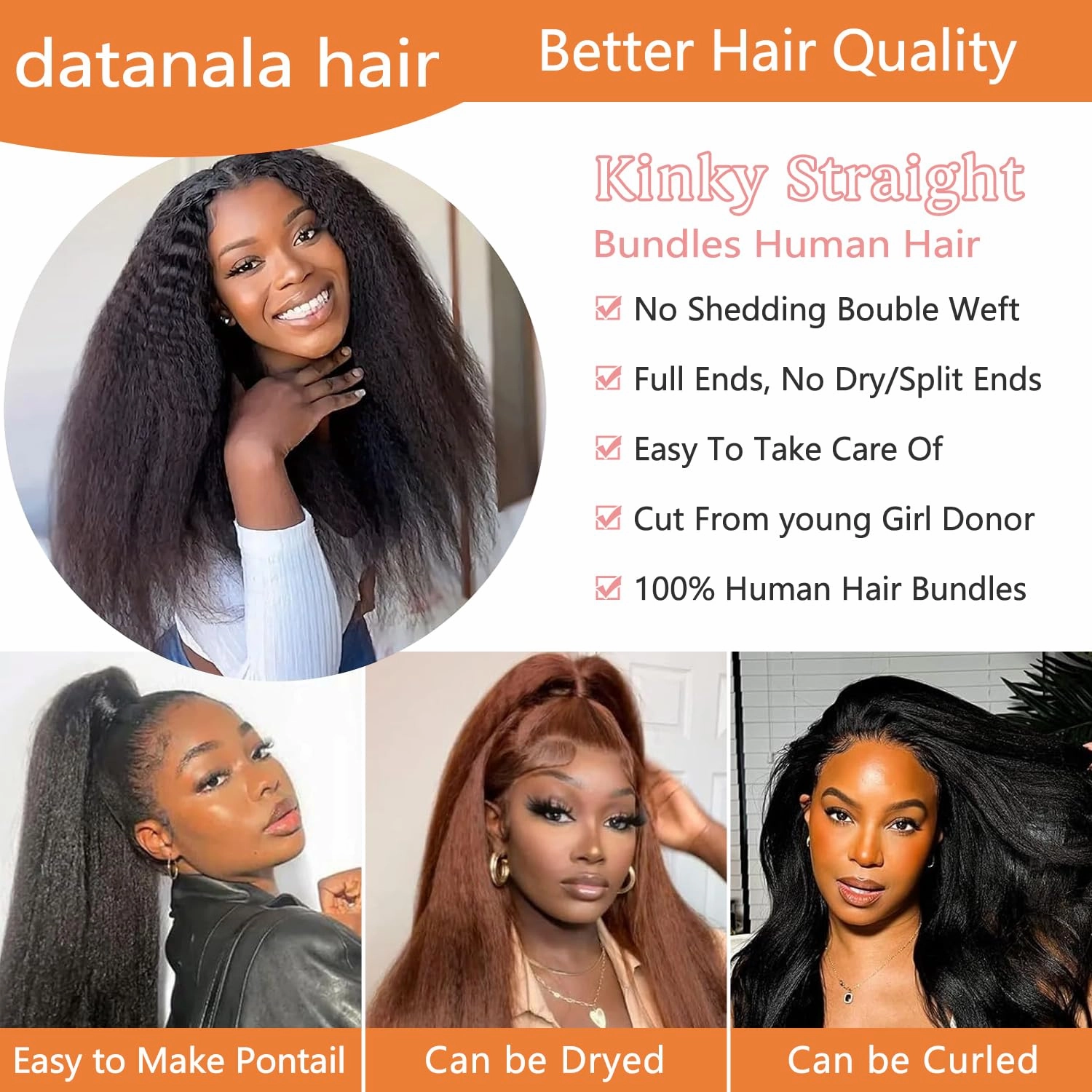 Datanala Brazilian Virgin Kinky Straight Human Hair Bundles 10 12 14Inch Yaki Straight Human Hair Weave Grade 12A 100% Unprocessed Remy Sew in Hair Extensions Natural Black Color