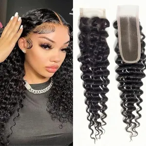 Deep Curly 2x6 HD Lace Closure with Baby Hair Deep Middle Part Remy Human Hair Swiss Kim K Lace Closure (Deep Wave, 10 inch)