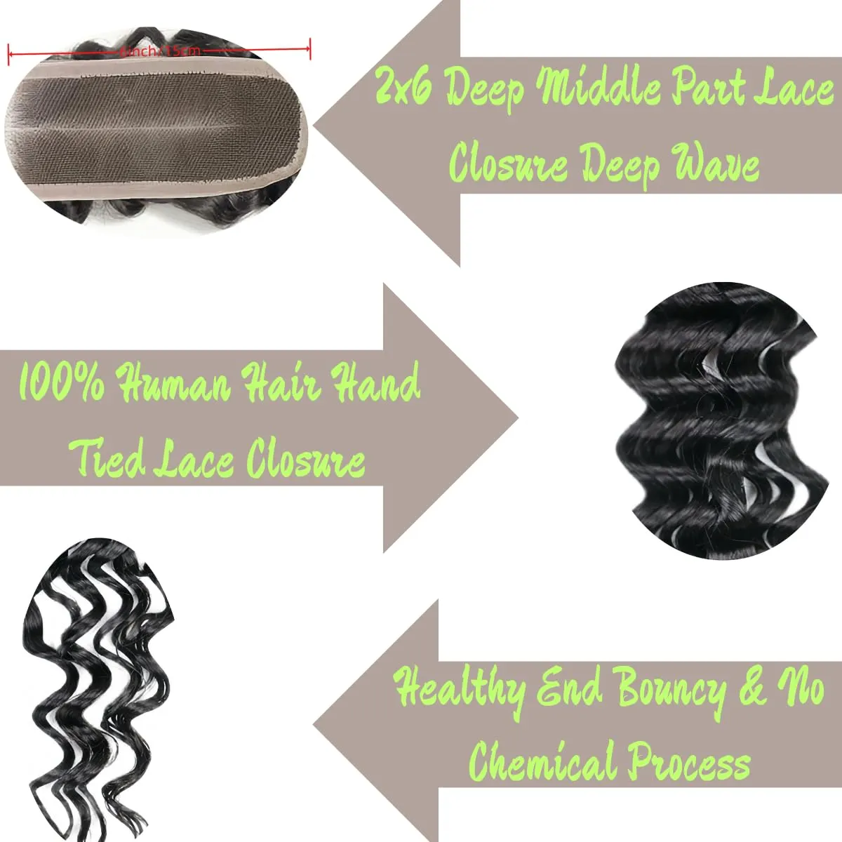 Deep Curly 2x6 HD Lace Closure with Baby Hair Deep Middle Part Remy Human Hair Swiss Kim K Lace Closure (Deep Wave, 10 inch)