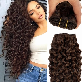 Deep Wave Bundles Human Hair Sew in Extensions 16 Inch 100G #4 Chocolate Brown Curly Hand Tied Weft Extensions Real Human Hair Invisible Wavy Sew in Wefts Full Head