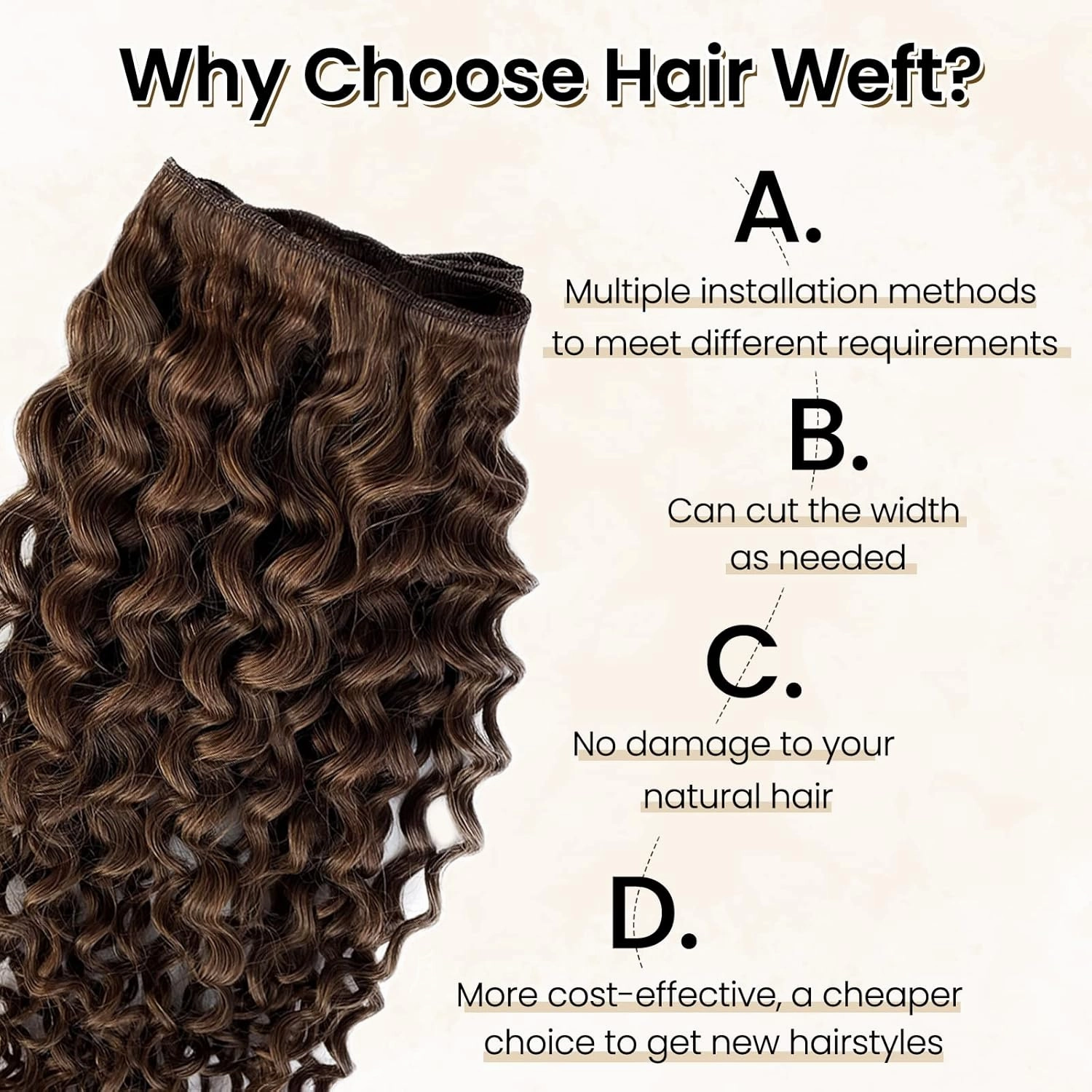 Deep Wave Bundles Human Hair Sew in Extensions 16 Inch 100G #4 Chocolate Brown Curly Hand Tied Weft Extensions Real Human Hair Invisible Wavy Sew in Wefts Full Head