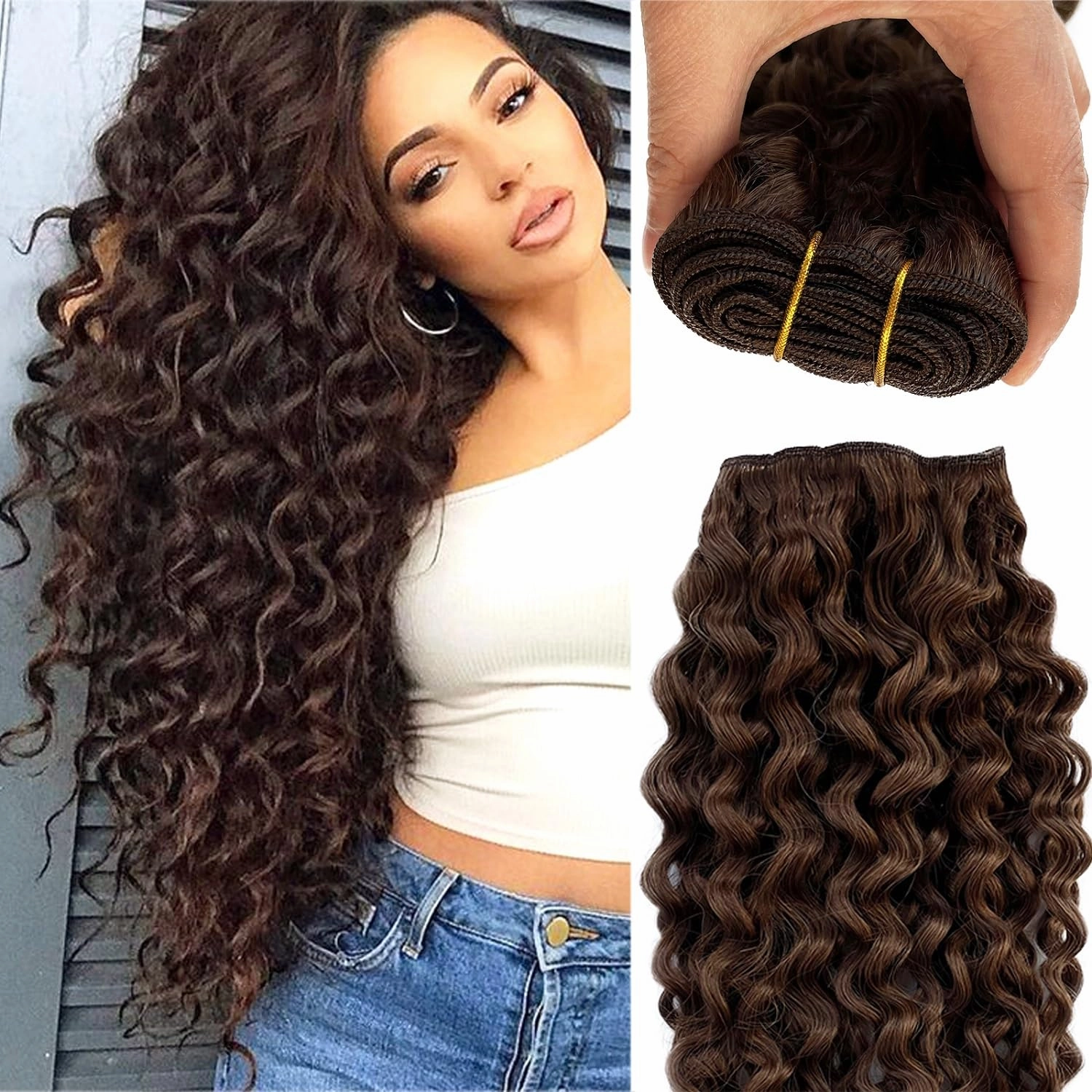 Deep Wave Bundles Human Hair Sew in Extensions 16 Inch 100G #4 Chocolate Brown Curly Hand Tied Weft Extensions Real Human Hair Invisible Wavy Sew in Wefts Full Head
