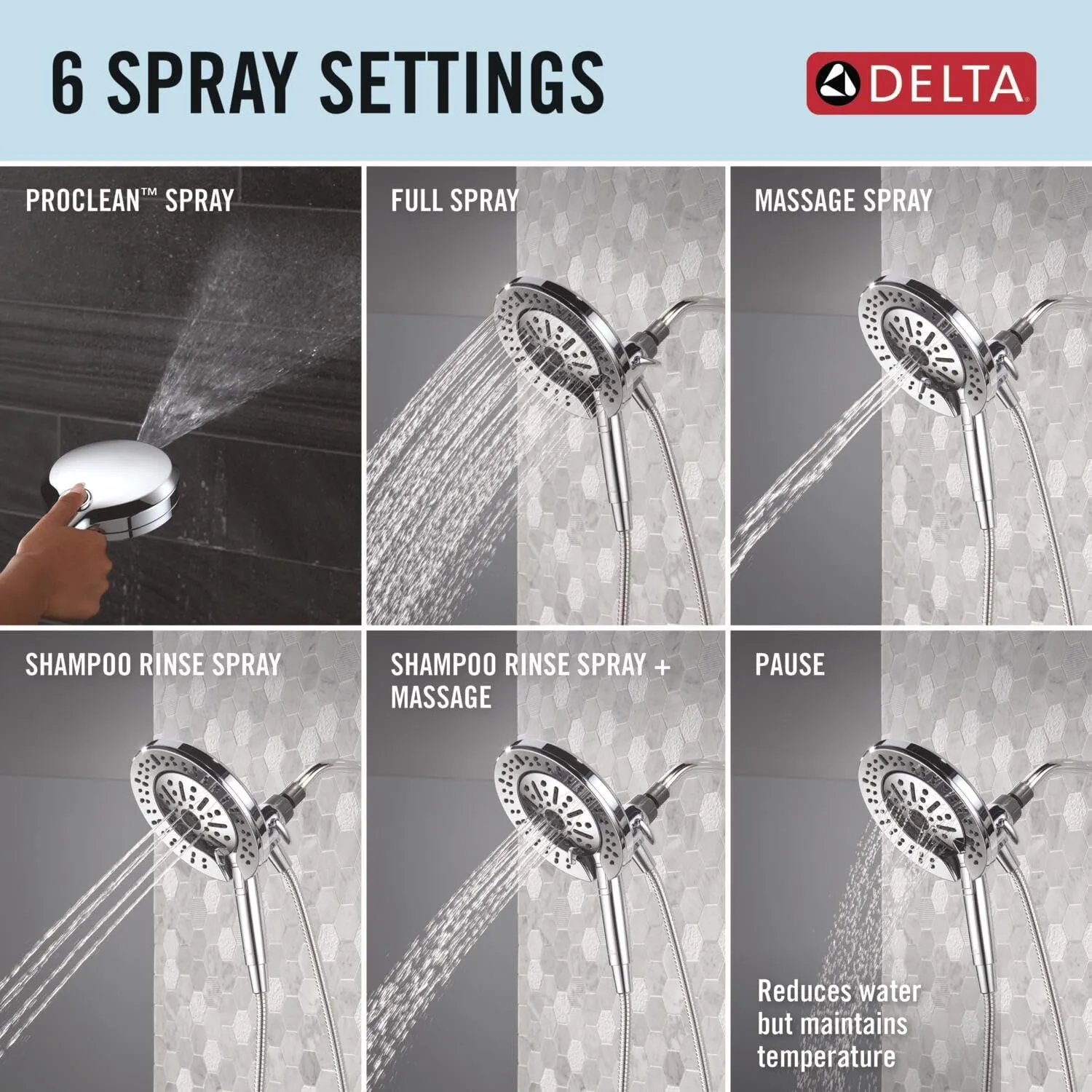 Delta Faucet 6-Setting In2ition 2-in-1 Dual Shower Head with ProClean Spray, Chrome Round Shower Head with Hose, Hand Held Shower Head, Chrome 75655