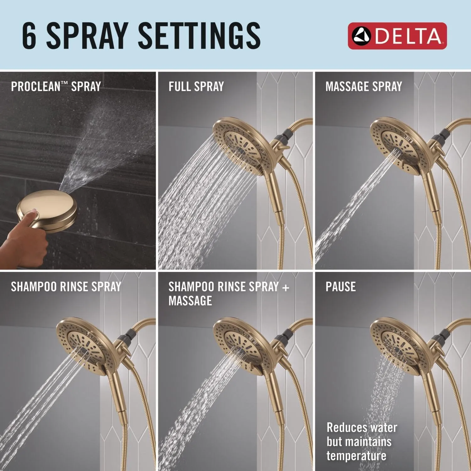 Delta Faucet 6-Setting In2ition 2-in-1 Dual Shower Head with ProClean Spray, Gold Round Shower Head with Hose, Hand Held, Champagne Bronze 75655CZ