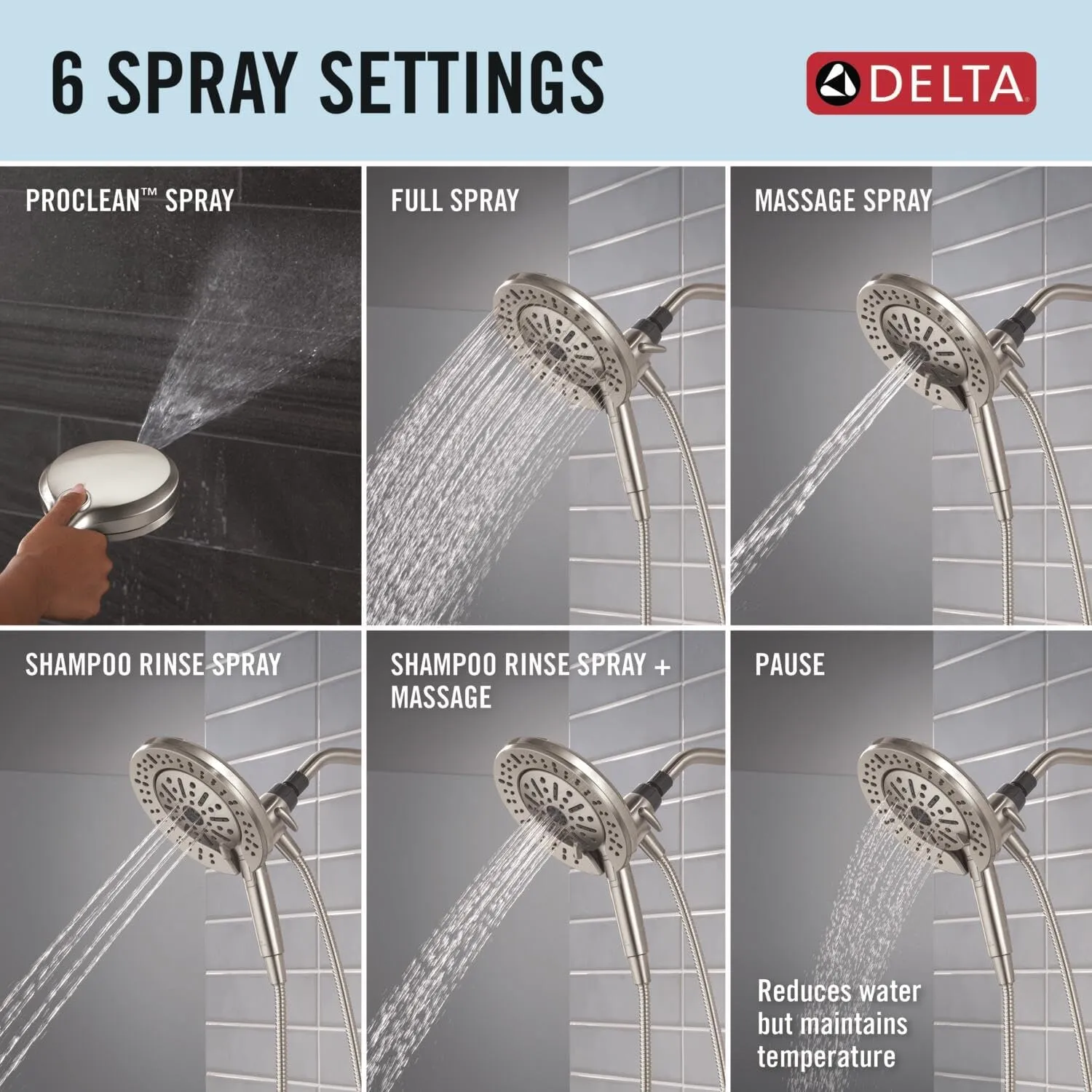 Delta Faucet 6-Setting In2ition 2-in-1 Dual Shower Head with ProClean Spray, Satin Nickel Round Shower Head with Hose, Hand Held Shower Head, Satin Nickel 75655SN