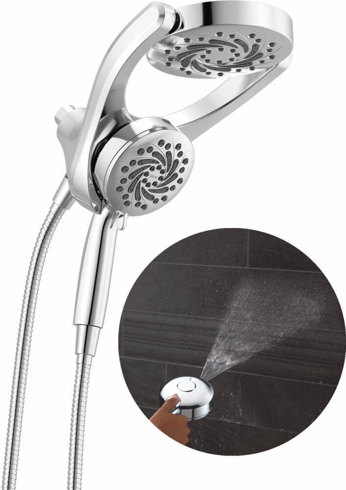 Delta Faucet 5-Setting HydroRain 2-in-1 Dual Shower Head with ProClean Spray, Chrome Round Shower Head with Hose, Hand Held Shower Head, Chrome 75419
