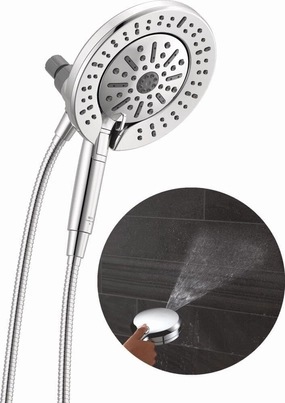 Delta Faucet 6-Setting In2ition 2-in-1 Dual Shower Head with ProClean Spray, Chrome Round Shower Head with Hose, Hand Held Shower Head, Chrome 75655