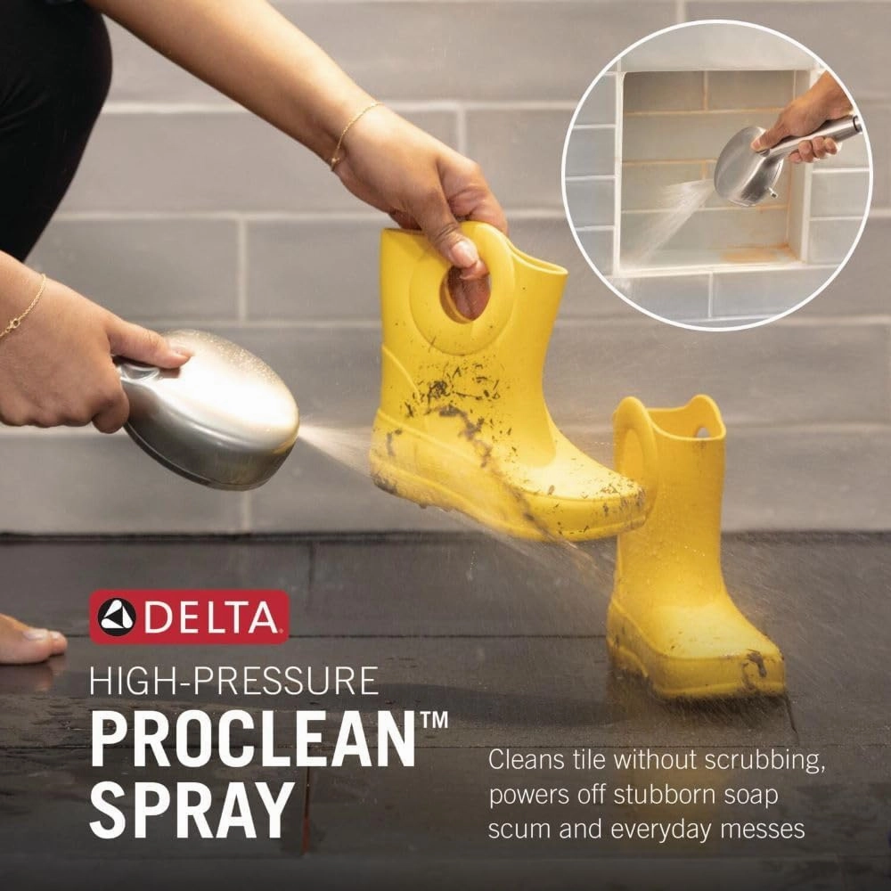 Delta Faucet 6-Setting In2ition 2-in-1 Dual Shower Head with ProClean Spray, Chrome Round Shower Head with Hose, Hand Held Shower Head, Chrome 75655