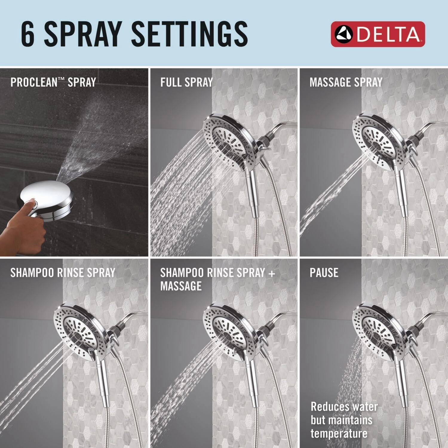 Delta Faucet 6-Setting In2ition 2-in-1 Dual Shower Head with ProClean Spray, Chrome Round Shower Head with Hose, Hand Held Shower Head, Chrome 75655