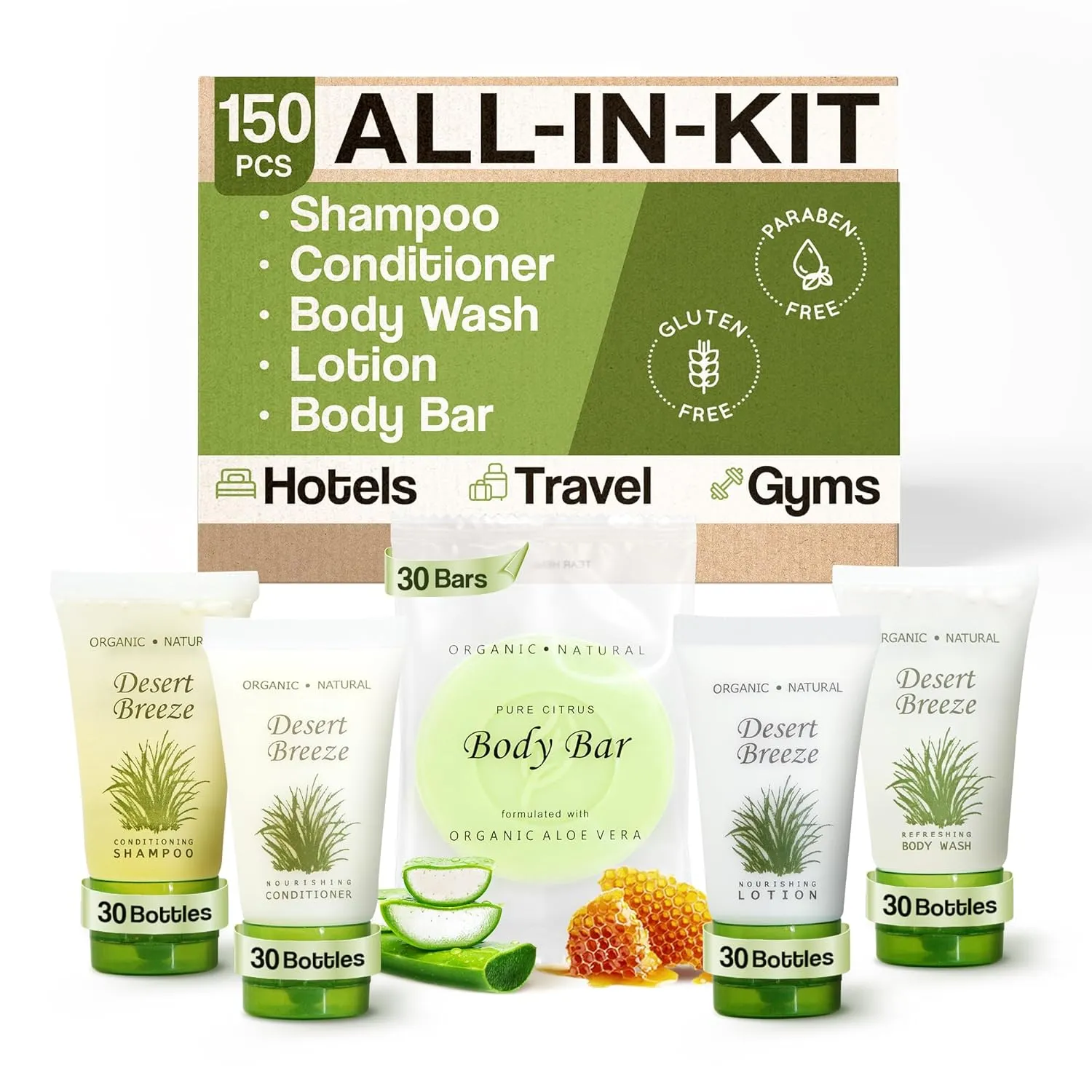 Desert Breeze Hotel Soaps & Toiletries Bulk Set | 1-Shoppe Amenities Kit | 1oz Shampoo & Conditioner, Body Wash, Lotion, Bar Soap | Travel Size | 150 Pieces