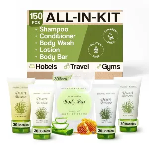 Desert Breeze Hotel Soaps & Toiletries Bulk Set | 1-Shoppe Amenities Kit | 1oz Shampoo & Conditioner, Body Wash, Lotion, Bar Soap | Travel Size | 150 Pieces