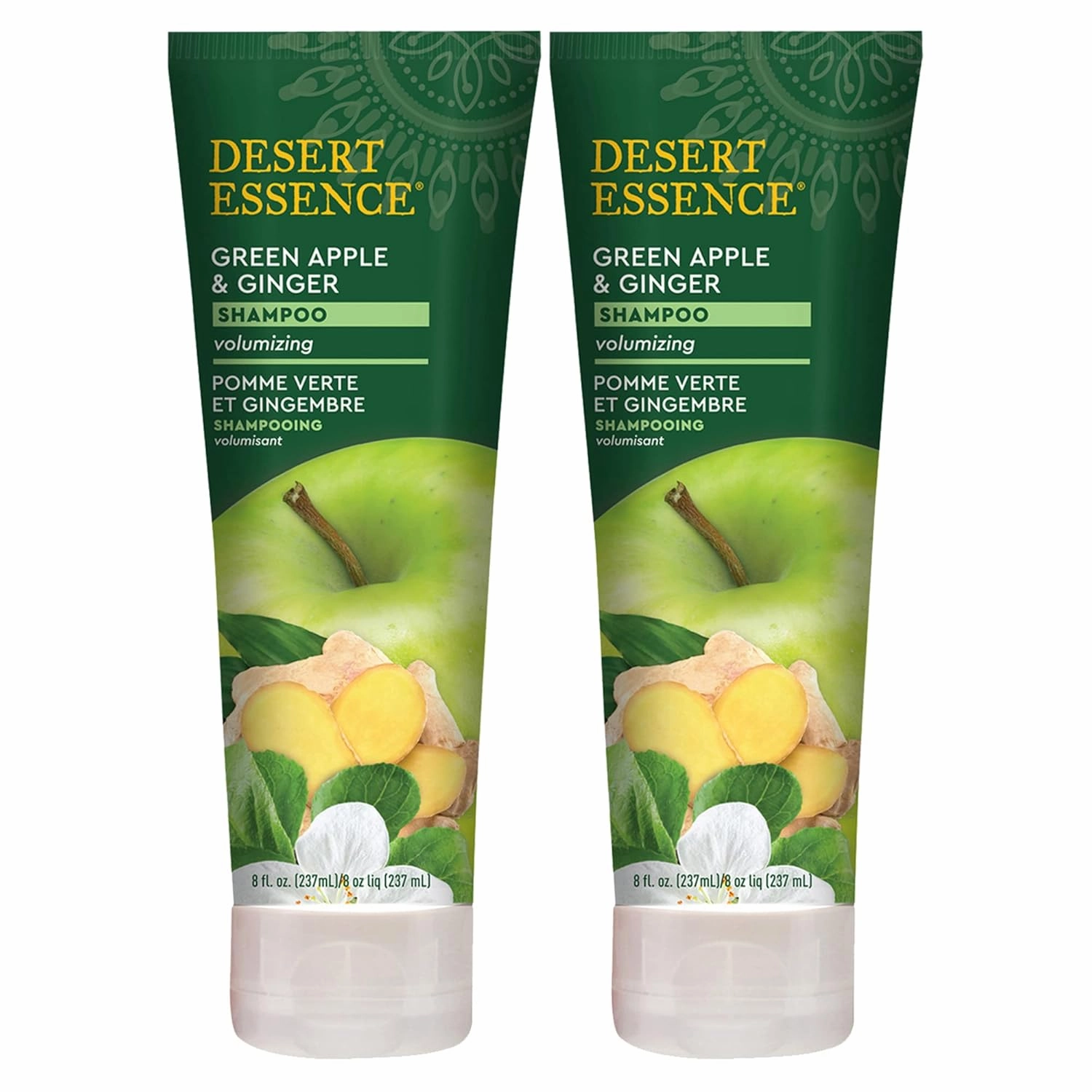 Desert Essence Green Apple & Ginger Shampoo - 8 Fl Ounce - Pack of 2 - Adds Volume, Strength & Shine - Moisturizer & Revitalizing - Coconut Oil - - Apple & Ginger Root Extract