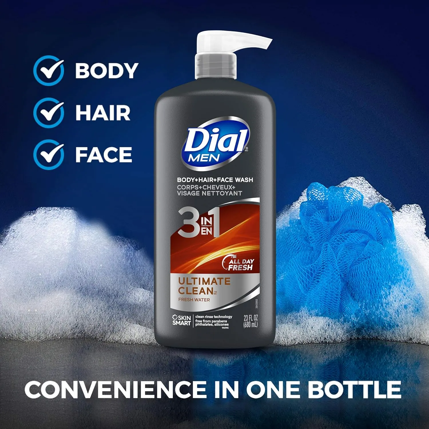 Dial Men 3 in1 Body, Hair and Face Wash, Ultimate Clean, 23 fl oz (Pack of 3)