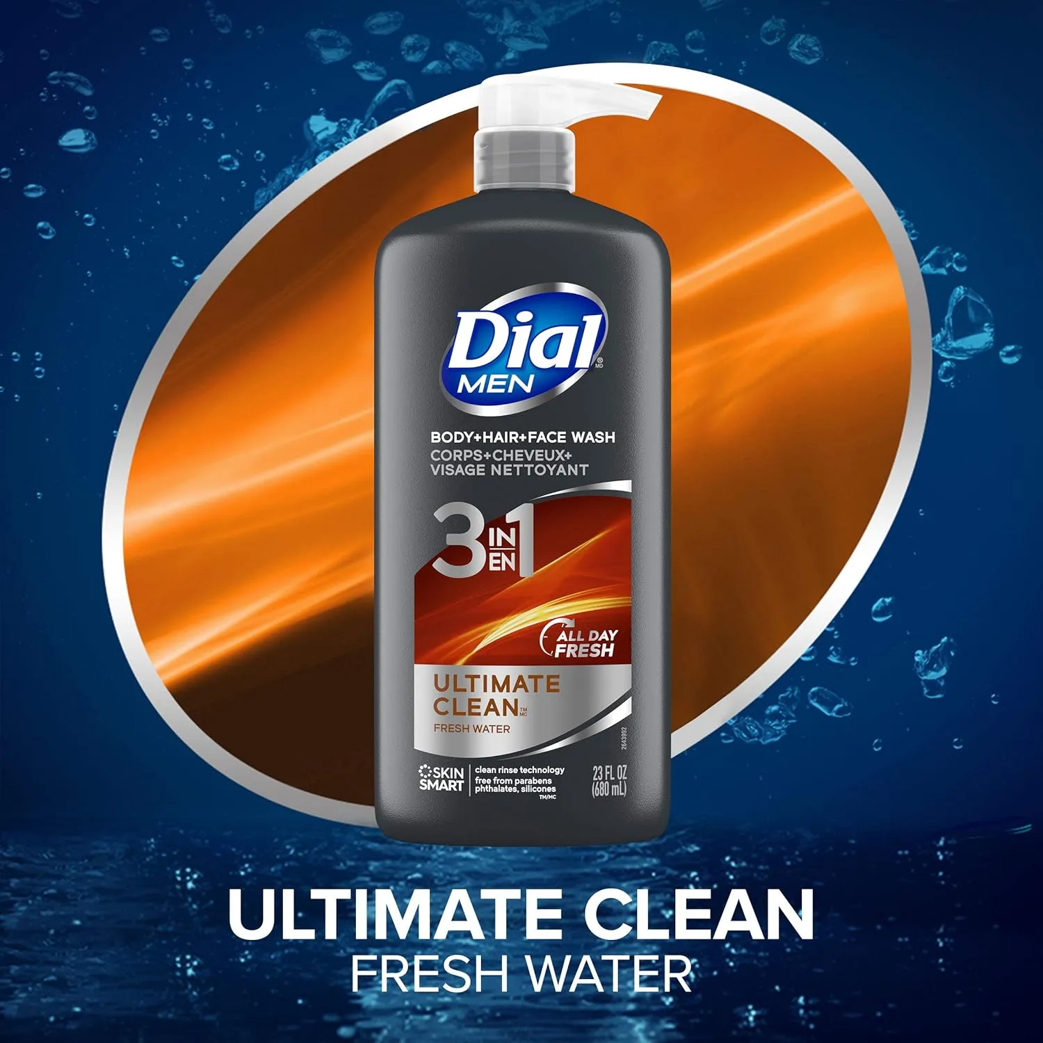 Dial Men 3 in1 Body, Hair and Face Wash, Ultimate Clean, 23 fl oz (Pack of 3)