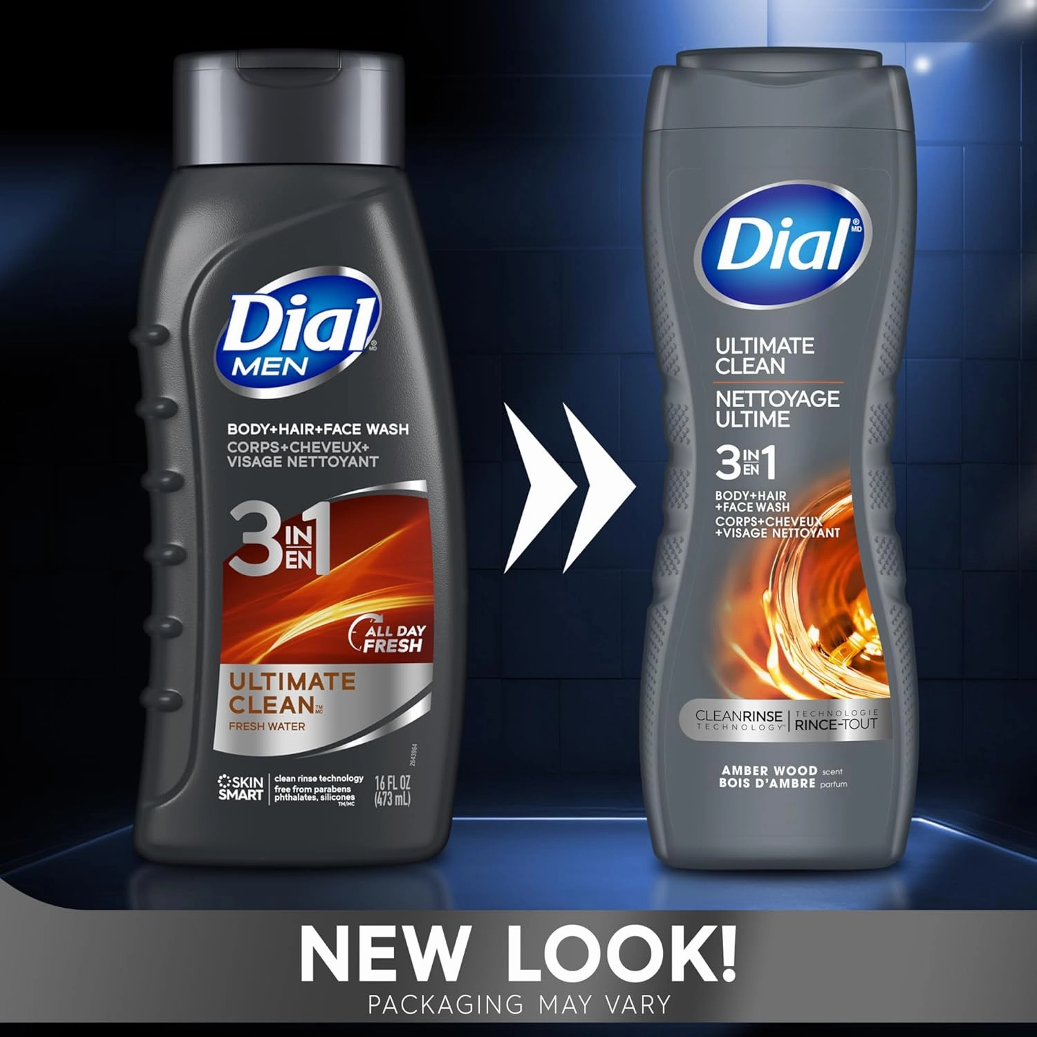 Dial Men 3in1 Body, Hair and Face Wash, Ultimate Clean, Amber Woods Scent, 16 fl oz, Pack of 4