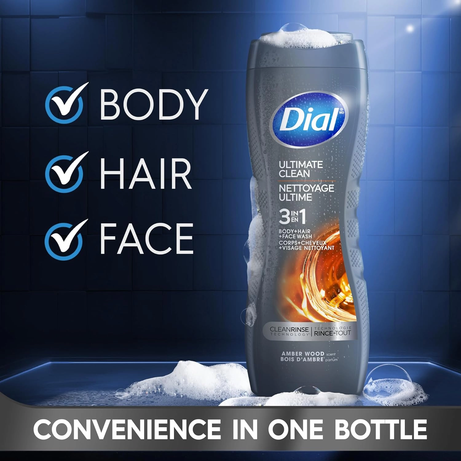 Dial Men 3in1 Body, Hair and Face Wash, Ultimate Clean, Amber Woods Scent, 16 fl oz, Pack of 4