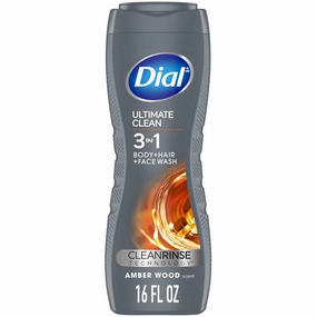 Dial Men 3in1 Body, Hair and Face Wash, Ultimate Clean, Amber Woods Scent, 16 fl oz, Pack of 4
