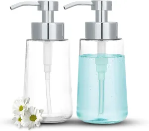 Doiliese Soap Dispenser, Clear Glass Soap Dispenser with Rust Proof Pump, 17oz Liquid Soap Pump with Waterproof Labels, Dish & Hand Soap for Bathroom, Kitchen, Chrome Pump, Pack of 2