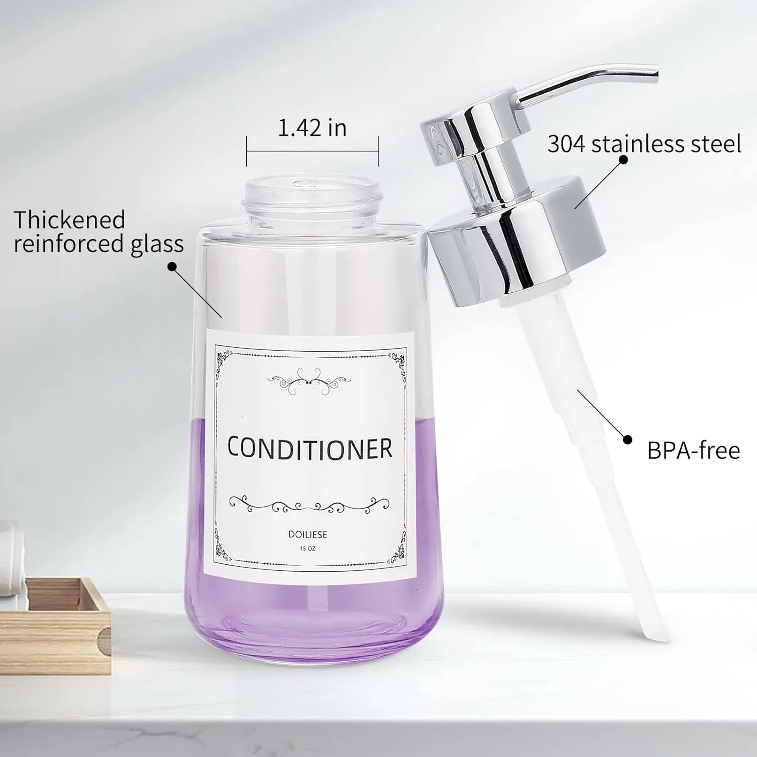 Doiliese Soap Dispenser, Clear Glass Soap Dispenser with Rust Proof Pump, 17oz Liquid Soap Pump with Waterproof Labels, Dish & Hand Soap for Bathroom, Kitchen, Chrome Pump, Pack of 2