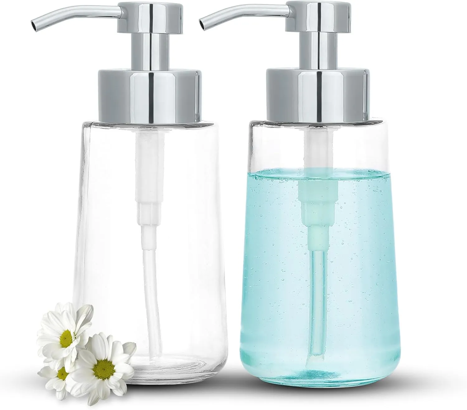Doiliese Soap Dispenser, Clear Glass Soap Dispenser with Rust Proof Pump, 17oz Liquid Soap Pump with Waterproof Labels, Dish & Hand Soap for Bathroom, Kitchen, Chrome Pump, Pack of 2