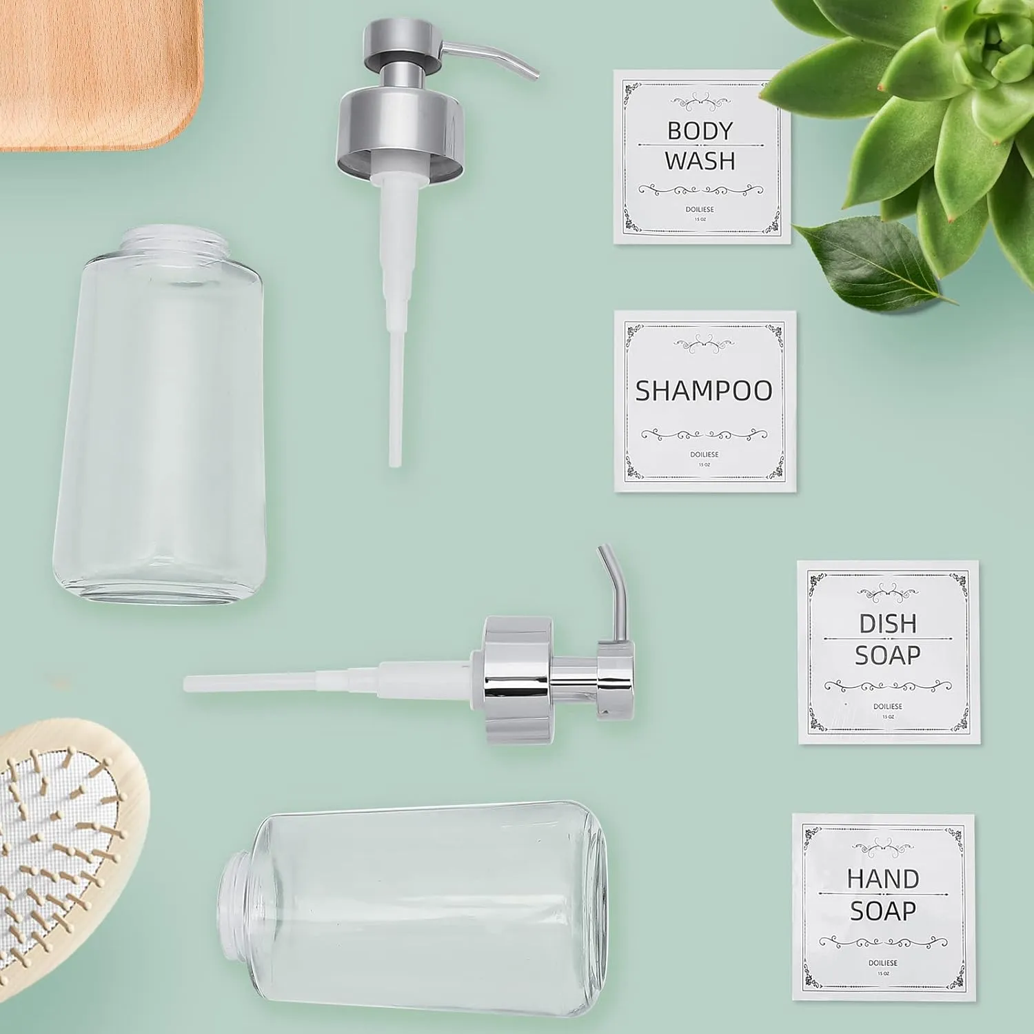 Doiliese Soap Dispenser, Clear Glass Soap Dispenser with Rust Proof Pump, 17oz Liquid Soap Pump with Waterproof Labels, Dish & Hand Soap for Bathroom, Kitchen, Chrome Pump, Pack of 2