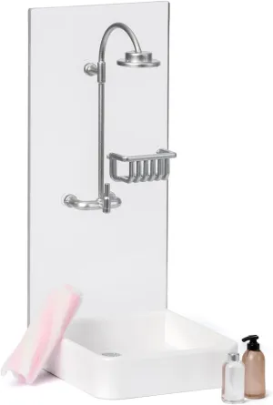 Dolls House Furniture Bathroom Set – Shower Cubicle   Towel   Shampoo   Soap – Doll House Accessories – 4-Piece Set for 11cm Mini Dolls – Age 4  1:18