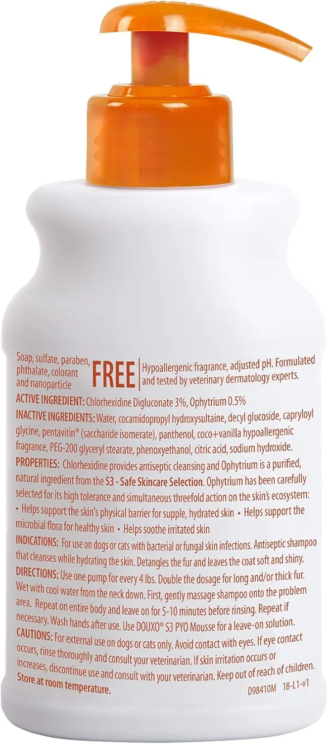 Douxo S3 Pyo Shampoo, Contains 3% Chlorhexidine & 0.5% Ophytrium, Antiseptic & Hydrating, For Bacterial or Yeast Skin Infections, For Dogs and Cats, 6.7 fl. oz. (200mL)