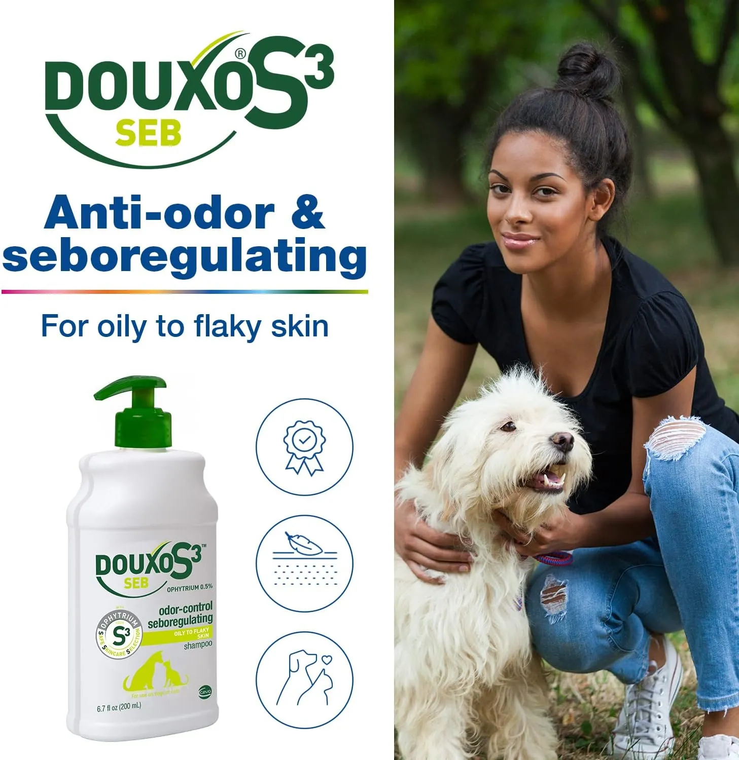 Douxo S3 Seb Shampoo, Contains 0.5% Ophytrium, Odor Control & Seboregulating, For Oily to Flaky Skin, Seborrhea, For Dogs and Cats, 6.7 fl. oz. (200mL)