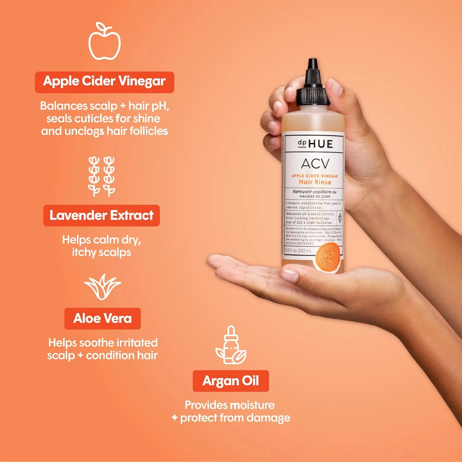 dpHUE Apple Cider Vinegar Hair Rinse, 8.5 oz - Shampoo Alternative, Scalp Cleanser & Post Workout Rinse - Removes Buildup & Sweat - Protects Natural Hair Oils