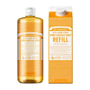 Dr. Bronner's Pure-Castile Magic Soap Liquid, Citrus, Made with Organic Oils for Body, Face, Hair, Dishes, Laundry Vegan, Natural, Non-GMO, Biodegradable, 18-in-1 Multi-Use - Citrus, 32oz   Refill