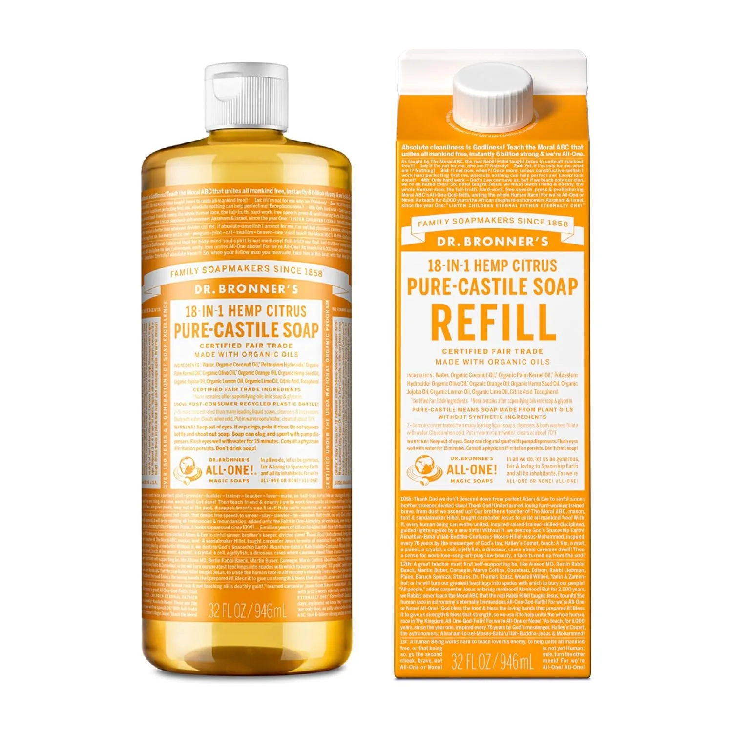 Dr. Bronner's Pure-Castile Magic Soap Liquid, Citrus, Made with Organic Oils for Body, Face, Hair, Dishes, Laundry Vegan, Natural, Non-GMO, Biodegradable, 18-in-1 Multi-Use - Citrus, 32oz   Refill