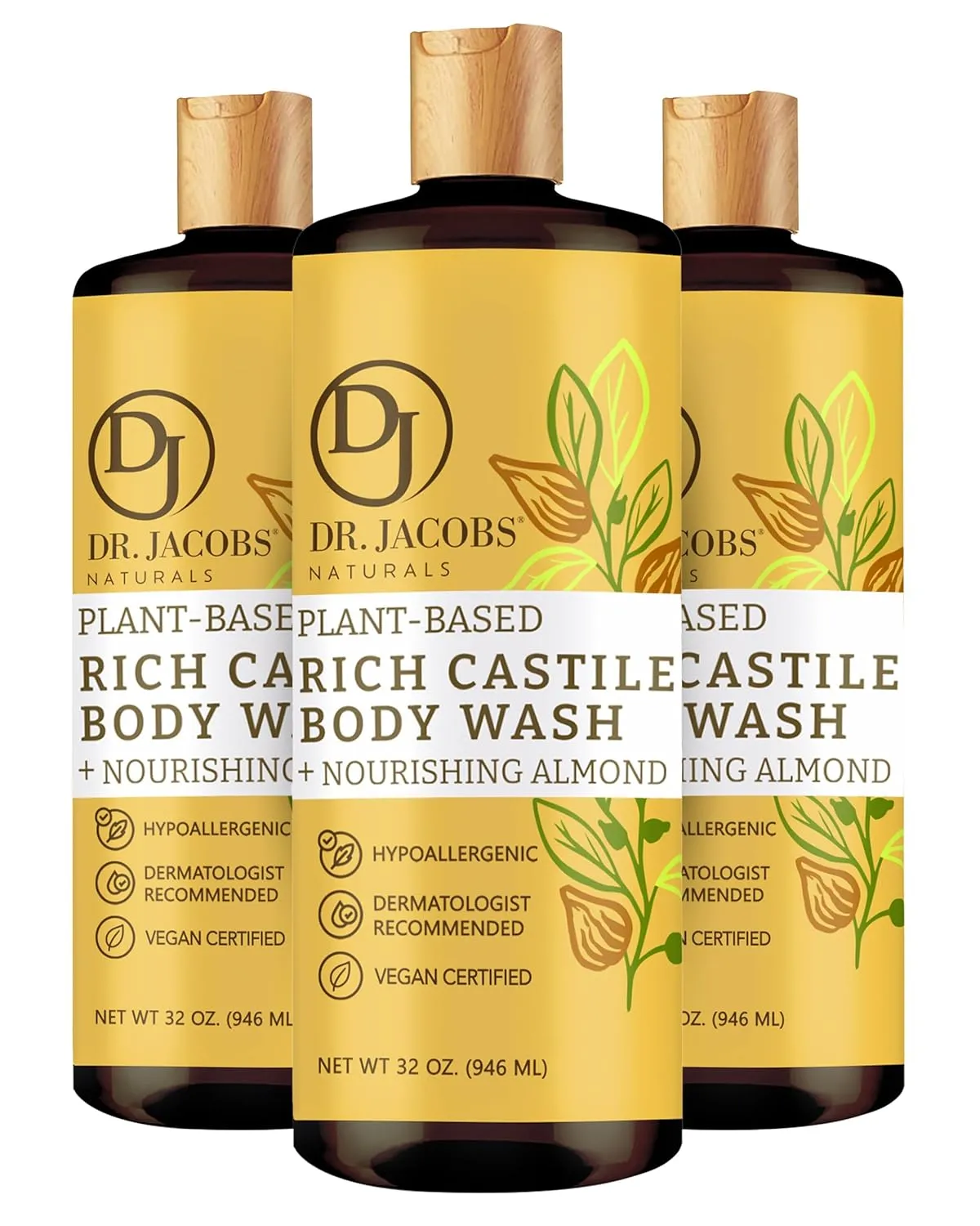 DR. JACOBS NATURALS Castile Almond All-Natural Body Wash for Moisturizing Dry and Sensitive Skin Shampoo with Plant-Based Ingredients Gluten, Preservatives-Free Formula - 32 oz, Pack of 3