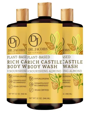 DR. JACOBS NATURALS Castile Almond All-Natural Body Wash for Moisturizing Dry and Sensitive Skin Shampoo with Plant-Based Ingredients Gluten, Preservatives-Free Formula - 32 oz, Pack of 3