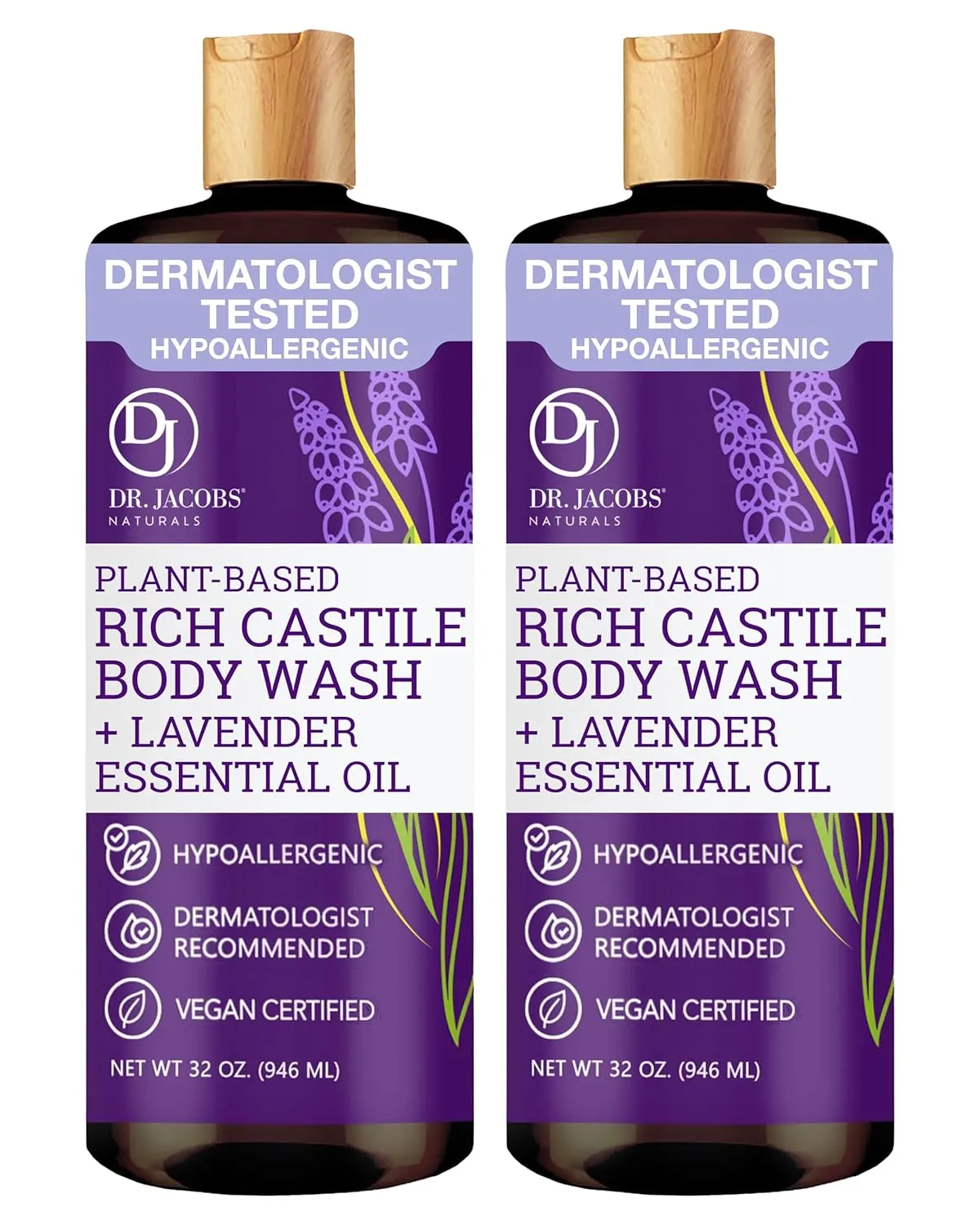 DR. JACOBS NATURALS Castile Lavender All-Natural Body Wash for Moisturizing Dry and Sensitive Skin Shampoo with Plant-Based Ingredients Gluten, Preservatives-Free Formula - 32 oz, Pack of 2