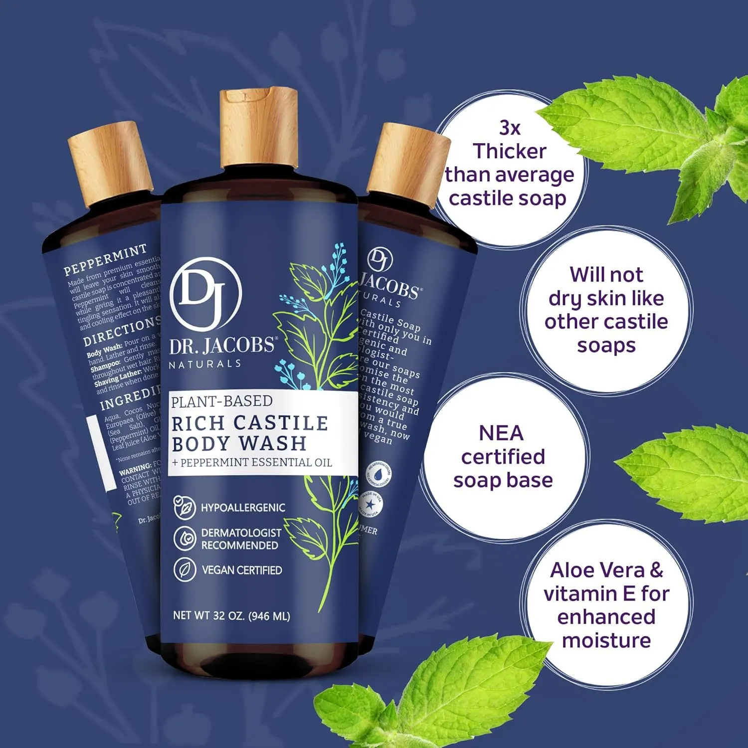 DR. JACOBS NATURALS Castile Peppermint All-Natural Body Wash for Moisturizing Dry and Sensitive Skin Shampoo with Plant-Based Ingredients Gluten, Preservatives-Free Formula - 16 oz, Pack of 2