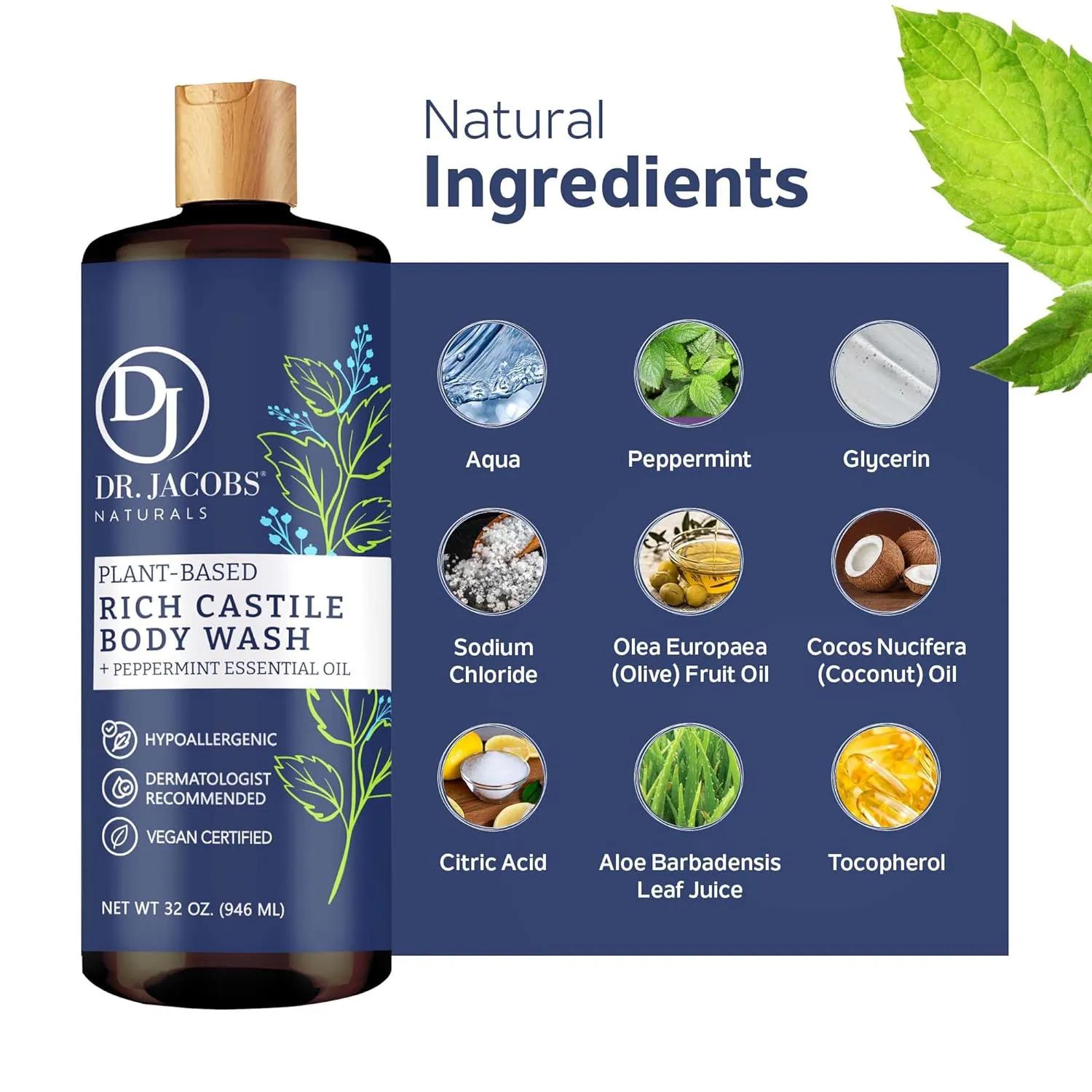 DR. JACOBS NATURALS Castile Peppermint All-Natural Body Wash for Moisturizing Dry and Sensitive Skin Shampoo with Plant-Based Ingredients Gluten, Preservatives-Free Formula - 16 oz, Pack of 2