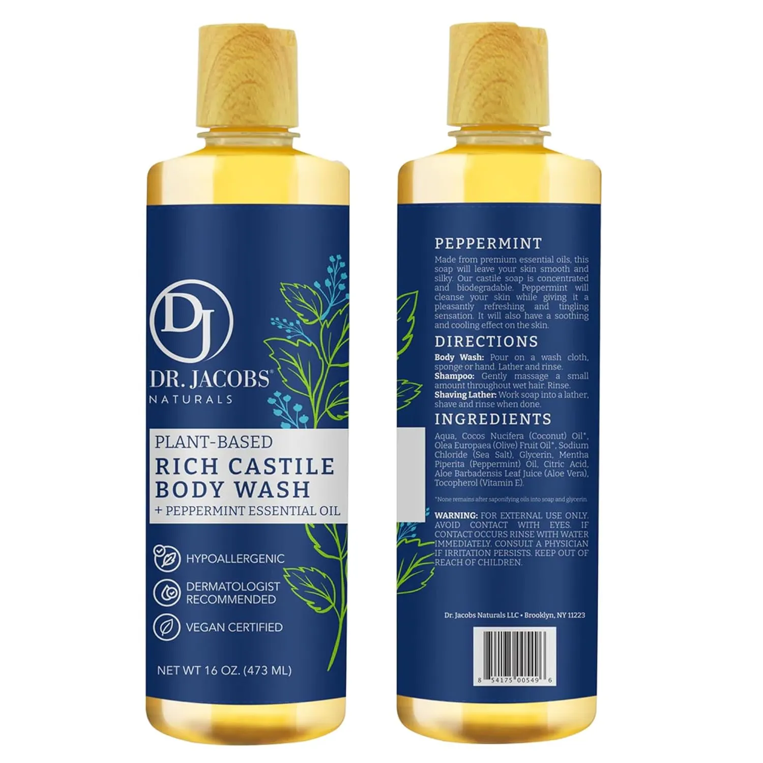 DR. JACOBS NATURALS Castile Peppermint All-Natural Body Wash for Moisturizing Dry and Sensitive Skin Shampoo with Plant-Based Ingredients Gluten, Preservatives-Free Formula - 16 oz, Pack of 2