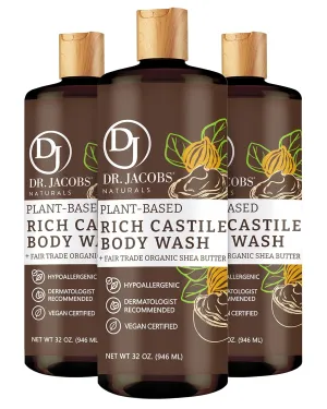 DR. JACOBS NATURALS Castile Shea Butter All-Natural Body Wash for Moisturizing Dry and Sensitive Skin Shampoo with Plant-Based Ingredients Gluten, Preservatives-Free Formula - 32 oz, Pack of 3