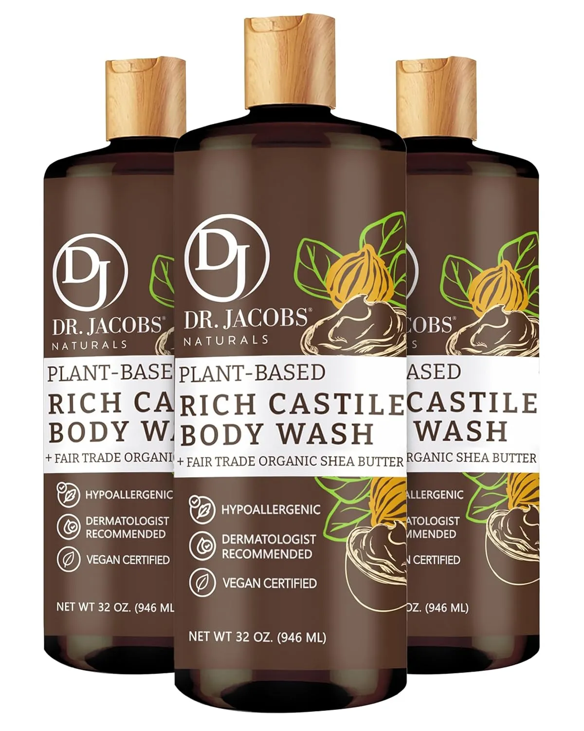 DR. JACOBS NATURALS Castile Shea Butter All-Natural Body Wash for Moisturizing Dry and Sensitive Skin Shampoo with Plant-Based Ingredients Gluten, Preservatives-Free Formula - 32 oz, Pack of 3