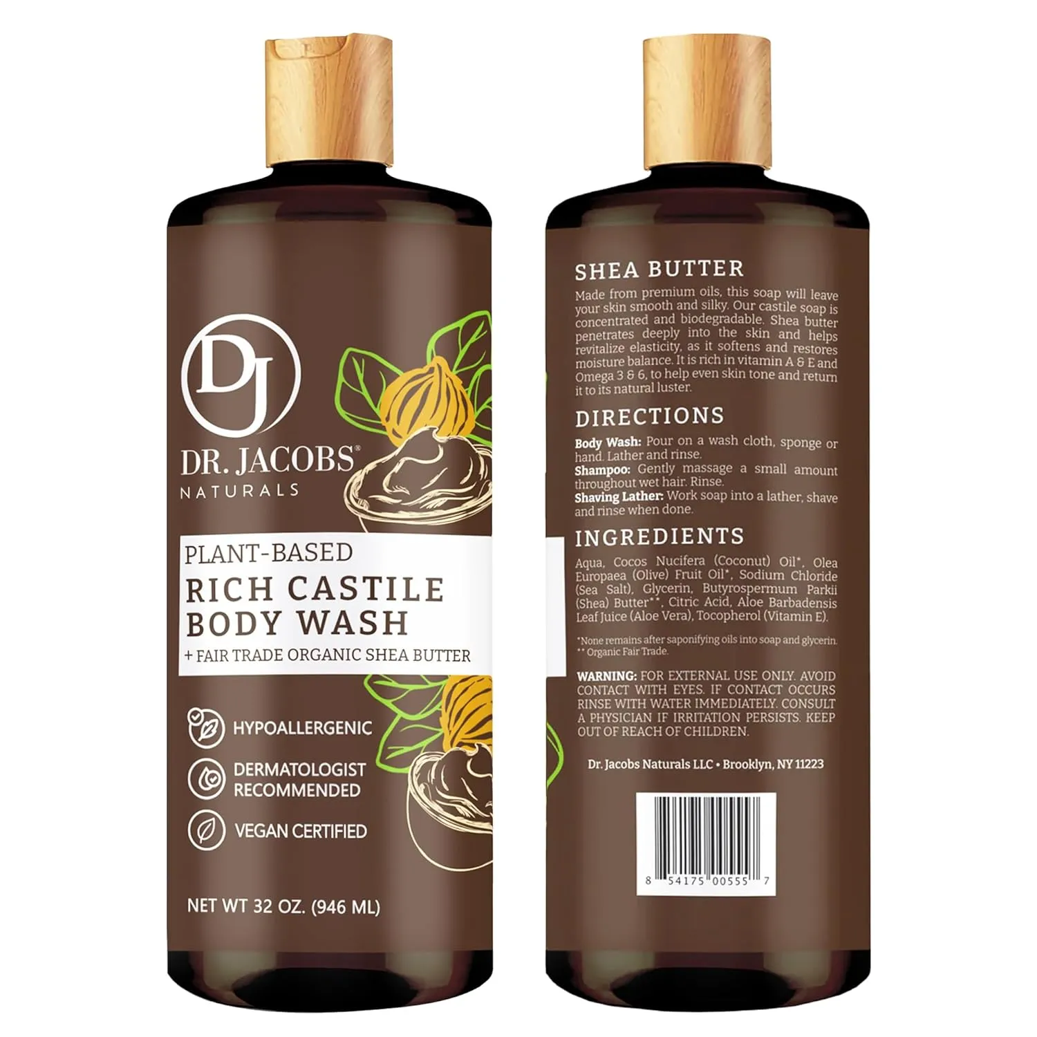 DR. JACOBS NATURALS Castile Shea Butter All-Natural Body Wash for Moisturizing Dry and Sensitive Skin Shampoo with Plant-Based Ingredients Gluten, Preservatives-Free Formula - 32 oz, Pack of 3