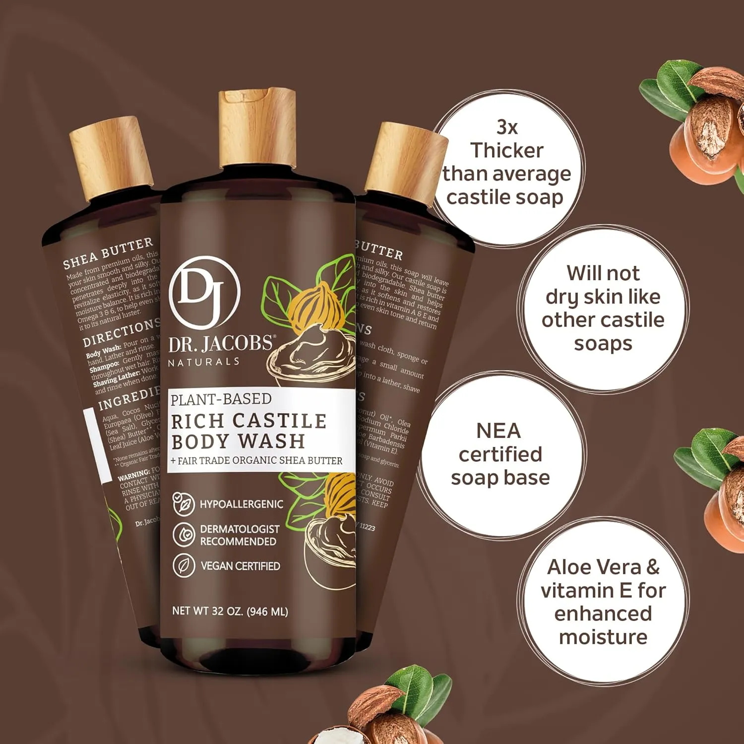 DR. JACOBS NATURALS Castile Shea Butter All-Natural Body Wash for Moisturizing Dry and Sensitive Skin Shampoo with Plant-Based Ingredients Gluten, Preservatives-Free Formula - 32 oz, Pack of 3