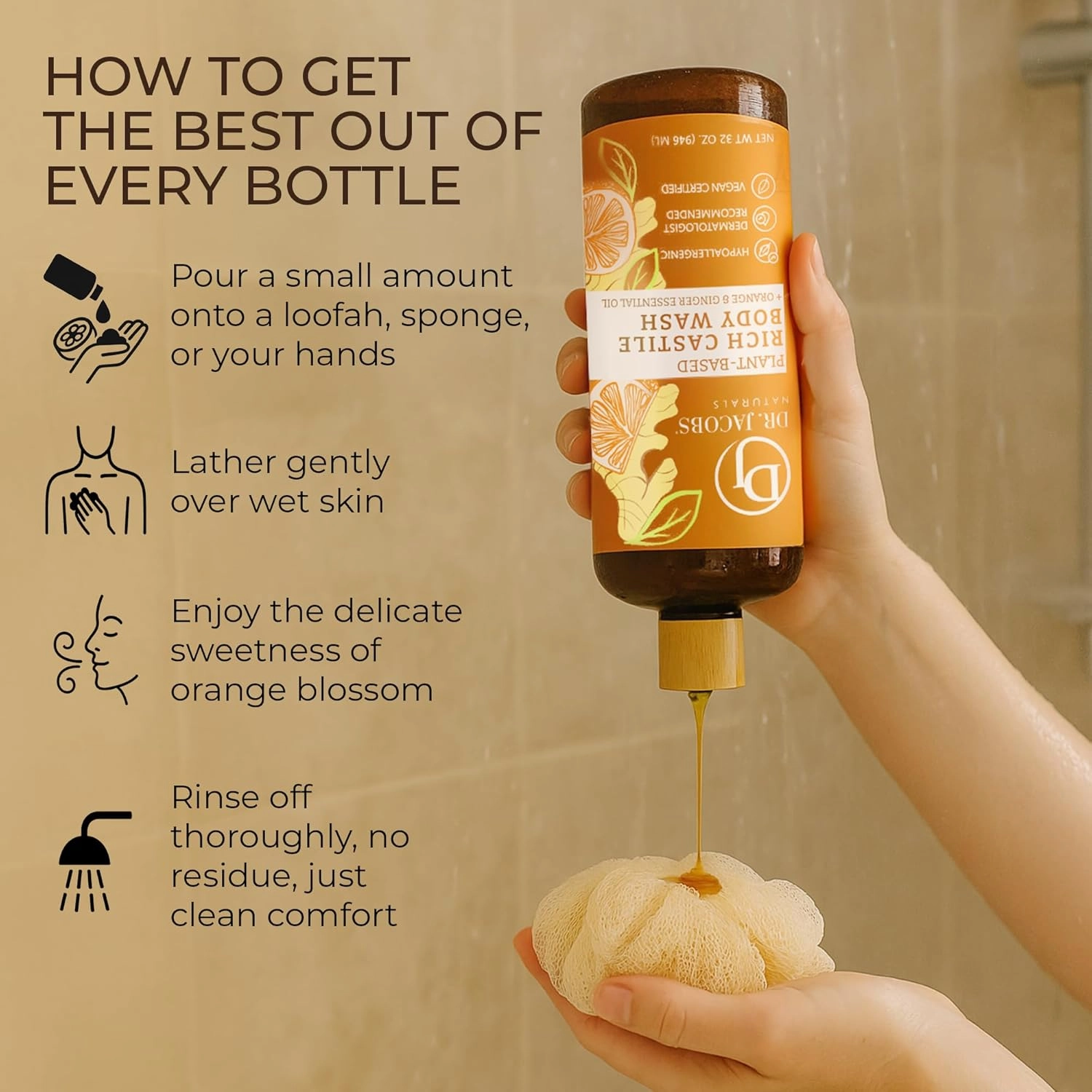 DR. JACOBS NATURALS Castile Orange & Ginger All-Natural Body Wash for Moisturizing Dry and Sensitive Skin Shampoo with Plant-Based Ingredients Gluten, Preservatives-Free Formula - 32 oz