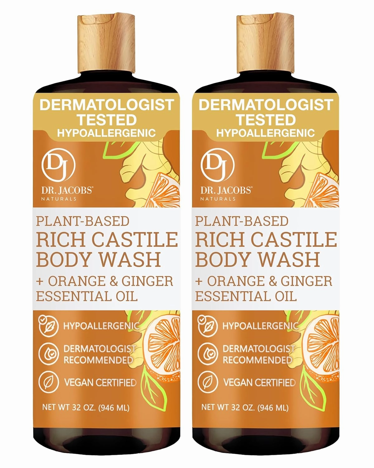 DR. JACOBS NATURALS Castile Orange & Ginger All-Natural Body Wash for Moisturizing Dry and Sensitive Skin Shampoo with Plant-Based Ingredients Gluten, Preservatives-Free Formula - 32 oz, Pack of 2