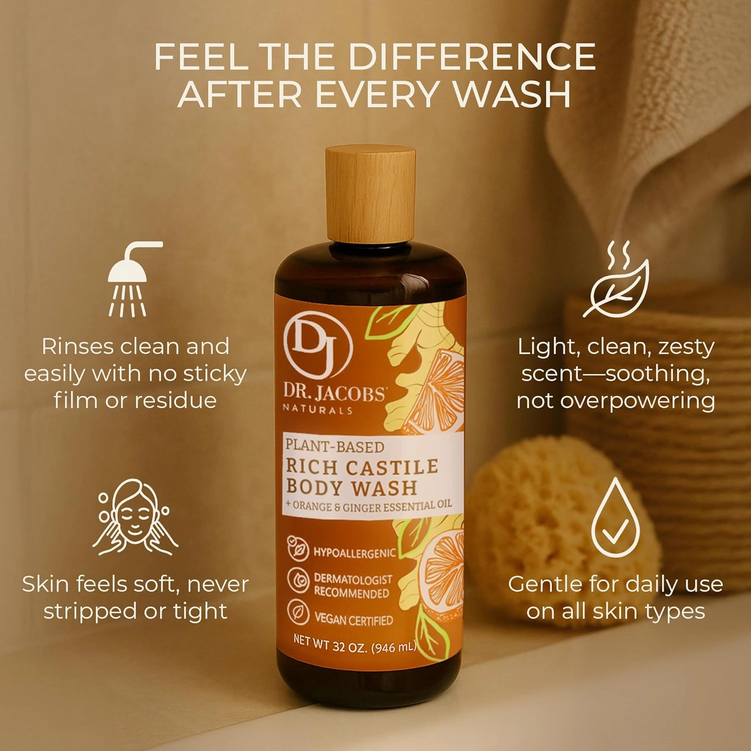 DR. JACOBS NATURALS Castile Orange & Ginger All-Natural Body Wash for Moisturizing Dry and Sensitive Skin Shampoo with Plant-Based Ingredients Gluten, Preservatives-Free Formula - 32 oz, Pack of 2
