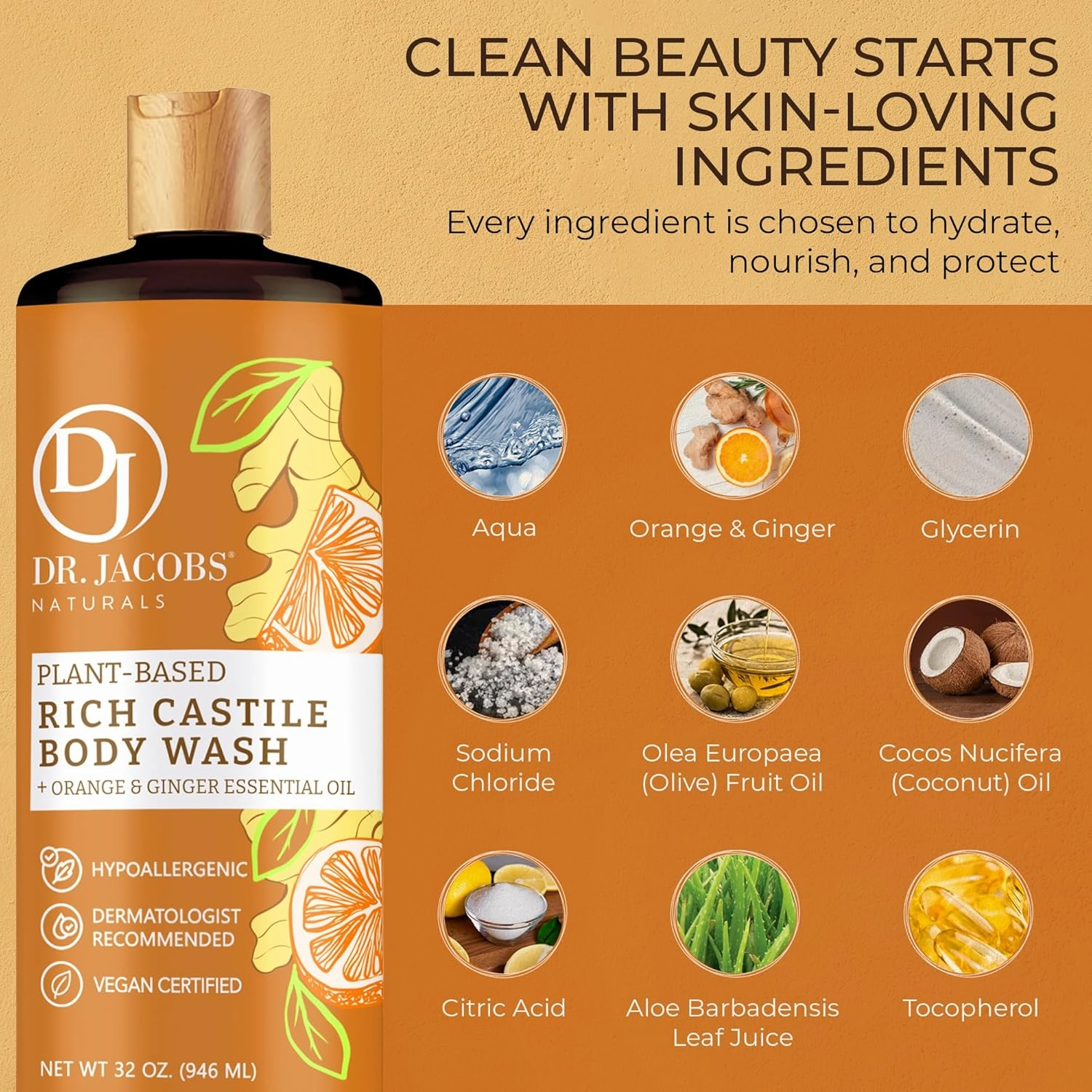 DR. JACOBS NATURALS Castile Orange & Ginger All-Natural Body Wash for Moisturizing Dry and Sensitive Skin Shampoo with Plant-Based Ingredients Gluten, Preservatives-Free Formula - 32 oz, Pack of 2