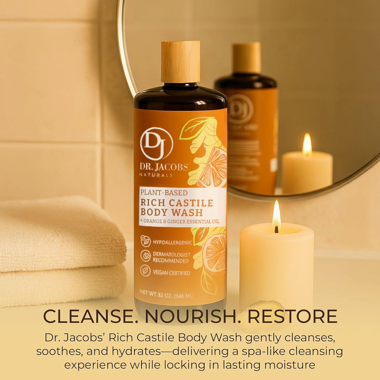 DR. JACOBS NATURALS Castile Orange & Ginger All-Natural Body Wash for Moisturizing Dry and Sensitive Skin Shampoo with Plant-Based Ingredients Gluten, Preservatives-Free Formula - 32 oz, Pack of 2
